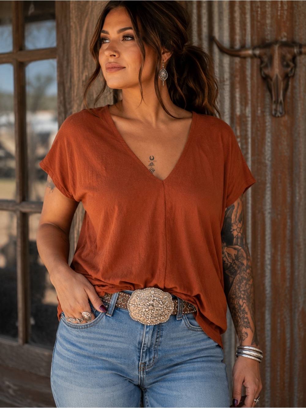 Body Rhyme Top Rust Oversized V-Neck Blouse Size Medium NWOT